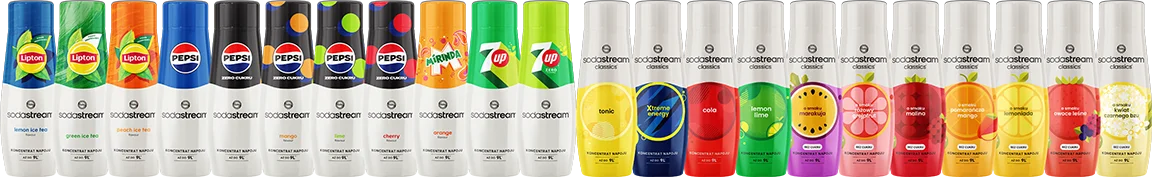 Rząd butelek z syropami SodaStream o różnych smakach.